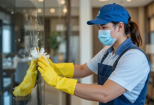 Professional cleaner wearing gloves and mask cleaning glass window with cloth for a spotless finish
