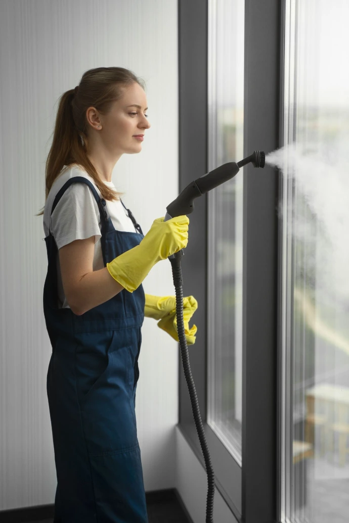 Professional cleaner using steam cleaner to sanitize glass window for deep cleaning and hygiene